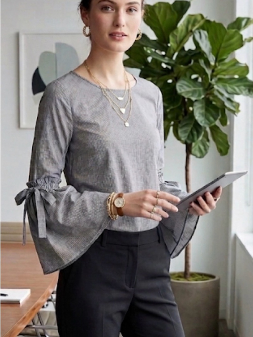 J.Crew Gray Checked Ruffle Tie-Sleeve Blouse XXS – Lightweight Cotton Workwear